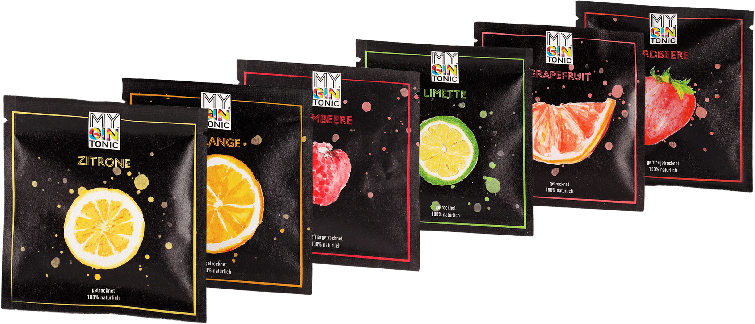 Botanicals packed by hand: lemon, orange, raspberry, lime, grapefruit and strawberry.